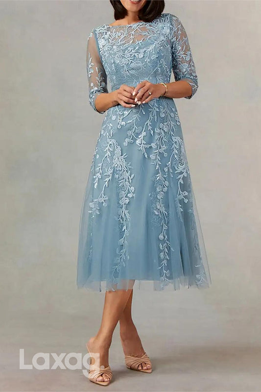 22494 - A-Line Boat Neck 3I4 Sleeves Appliques Tulle Mother of the Bride Dress