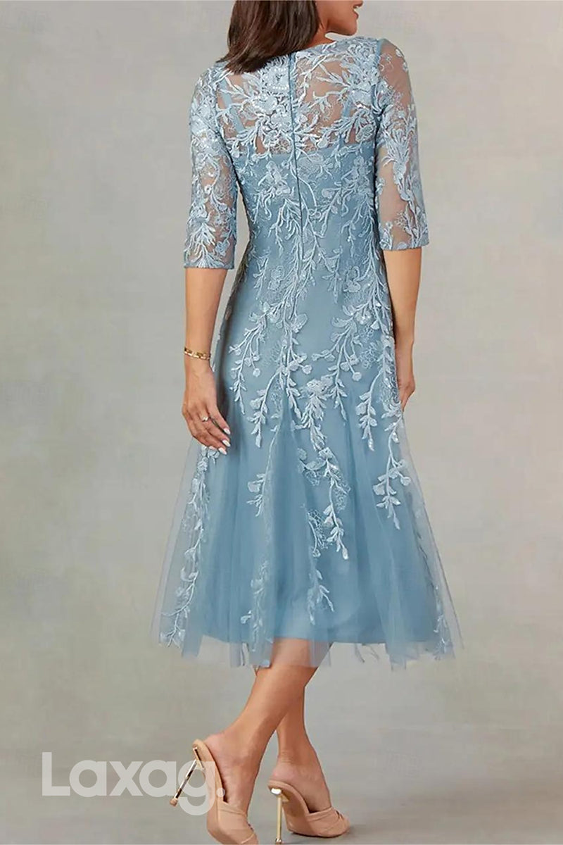 22494 - A-Line Boat Neck 3I4 Sleeves Appliques Tulle Mother of the Bride Dress