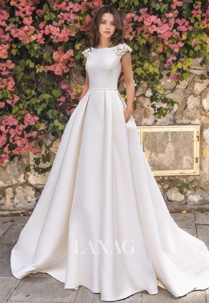 A-Line Cap Sleeves Appliques Sleek Satin Elegant Wedding Dress with Train