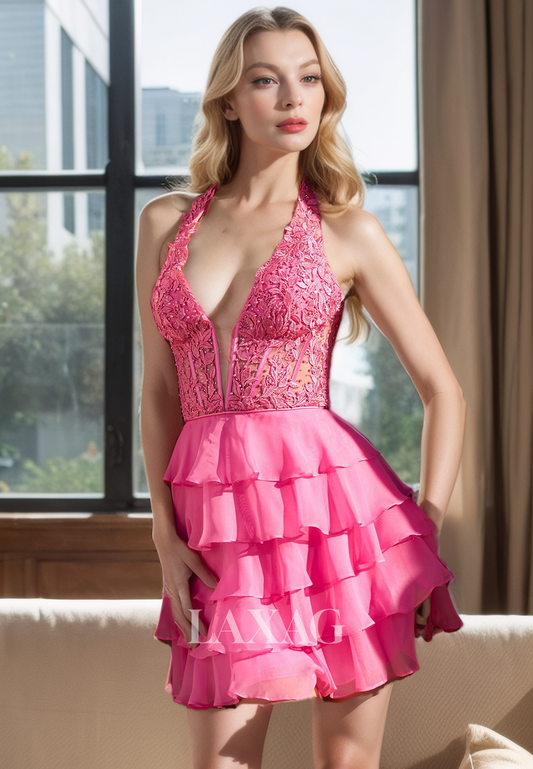 A-Line Halter Low V-Neck Lace Appliques Beaded Tiered Party Homecoming Dress