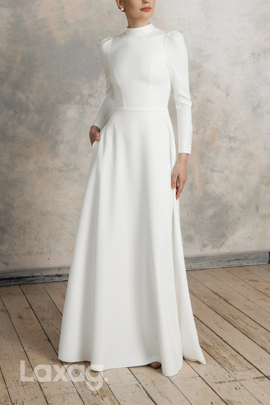 22621 - A-Line High-Neck Long Sleeves Sleek Satin Wedding Dress with Pockets