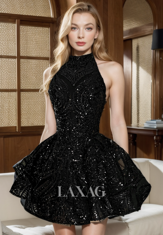 A-Line High-Neck Tulle Sequins Elegant Party Homecoming Dress