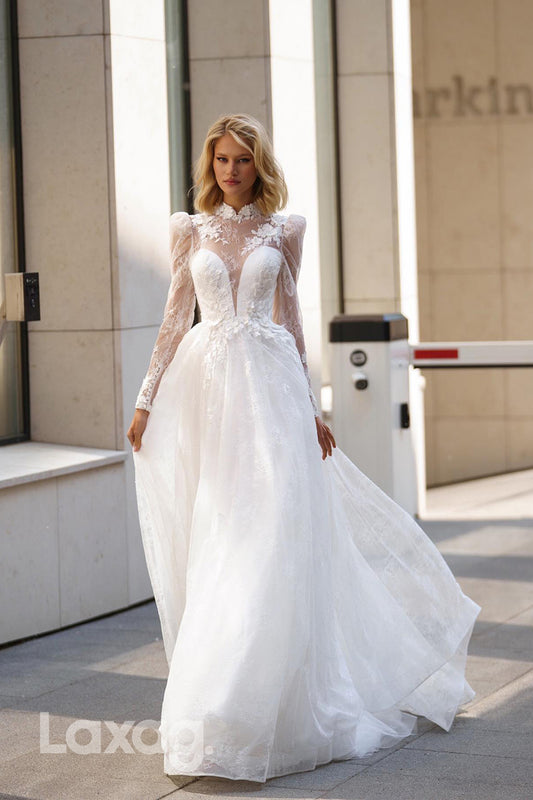 22373 - A-Line High Neck Backless Long Sleeves Tulle Appliques Wedding Dress