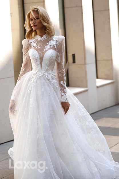 22373 - A-Line High Neck Backless Long Sleeves Tulle Appliques Wedding Dress