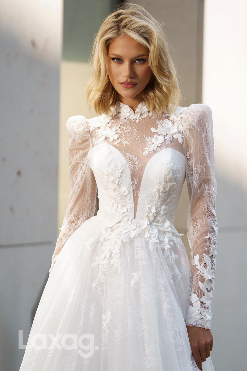 22373 - A-Line High Neck Backless Long Sleeves Tulle Appliques Wedding Dress