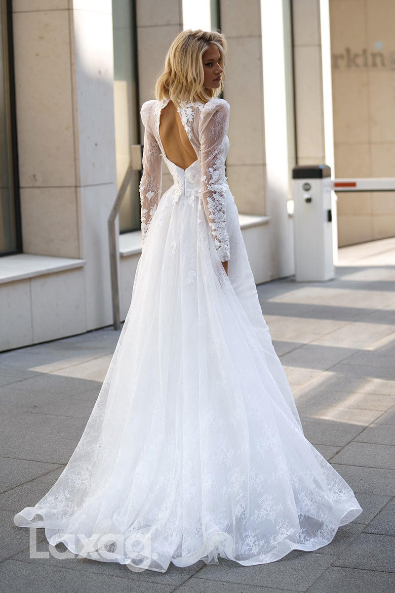 22373 - A-Line High Neck Backless Long Sleeves Tulle Appliques Wedding Dress