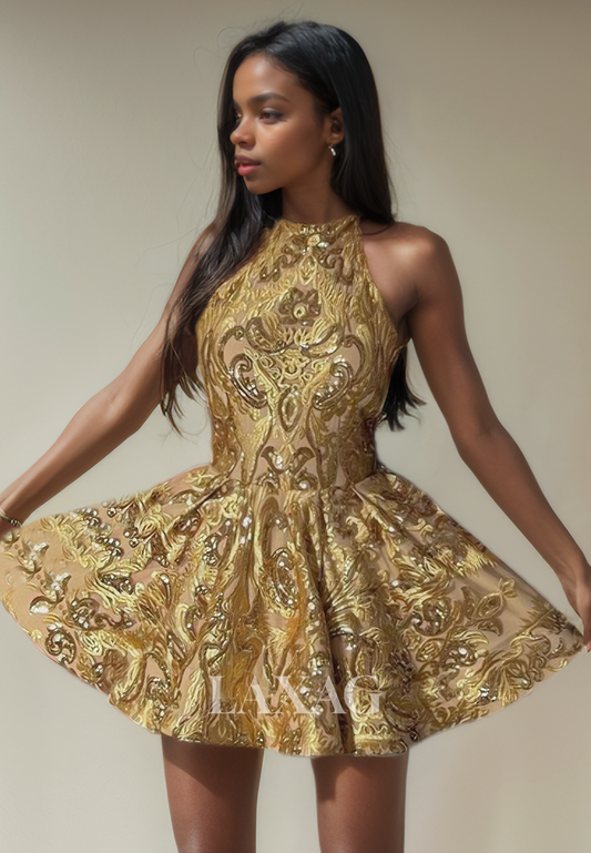 21872 - Halter Gold Sequins Backless Homecoming Dress