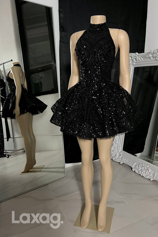 22553 - A-Line High Neck Backless Tulle Sequins Prom Dresses for Black Girl Slay