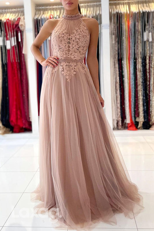 22263 - A-Line High Neck Beaded Appliques Tulle illusion Party Prom Formal Evening Dress