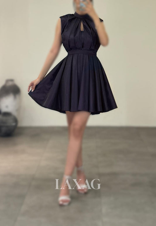 23151 - A-Line High Neck Cutout Pleated Sleek Satin Elegant Party Homecoming Dress