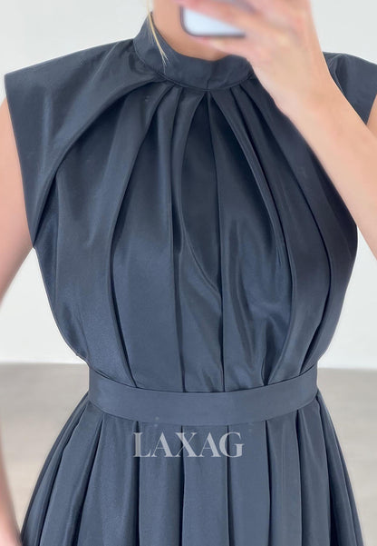 23151 - A-Line High Neck Cutout Pleated Sleek Satin Elegant Party Homecoming Dress