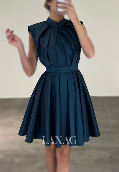 23151 - A-Line High Neck Cutout Pleated Sleek Satin Elegant Party Homecoming Dress