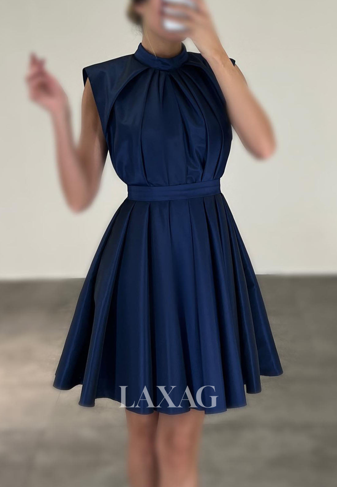 23151 - A-Line High Neck Cutout Pleated Sleek Satin Elegant Party Homecoming Dress