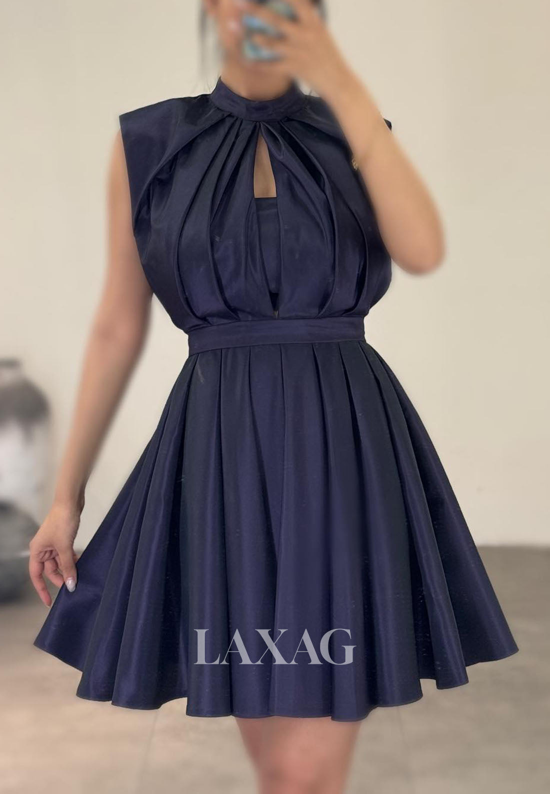 23151 - A-Line High Neck Cutout Pleated Sleek Satin Elegant Party Homecoming Dress