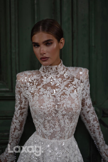 22378 - A-Line High Neck Long Sleeves Tulle Appliques Sequins Wedding Dress