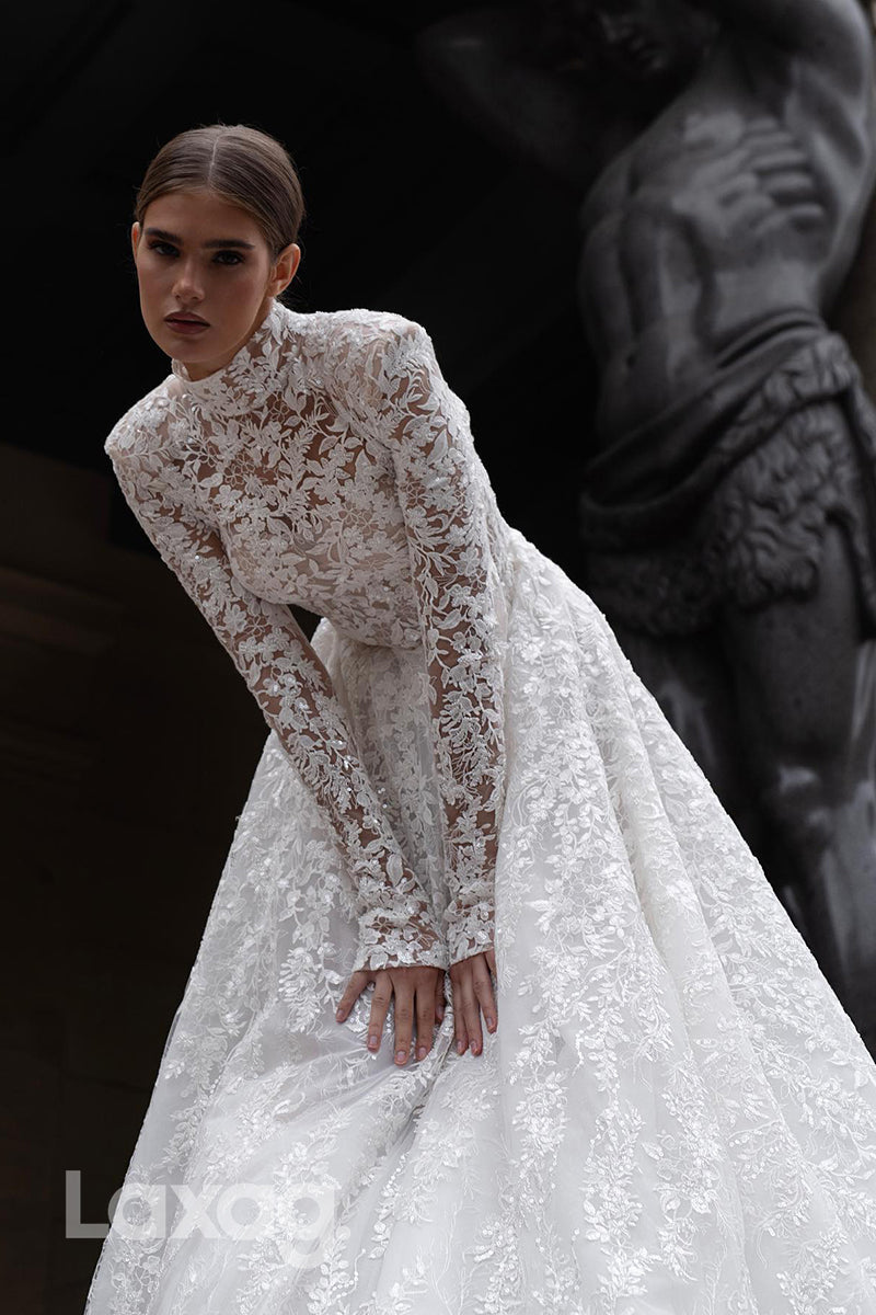 22378 - A-Line High Neck Long Sleeves Tulle Appliques Sequins Wedding Dress