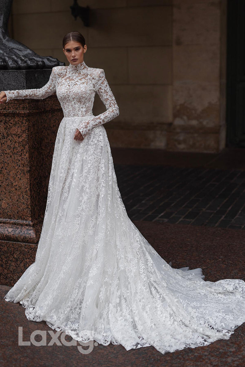 22378 - A-Line High Neck Long Sleeves Tulle Appliques Sequins Wedding Dress