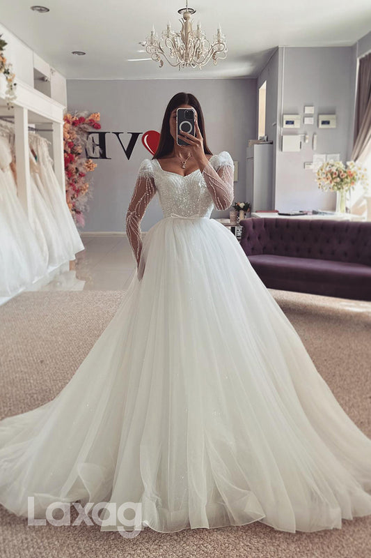 22408 - A-Line Long Sleeves Beaded Appliques illusion Tulle Wedding Dress