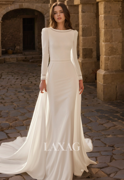 A-Line Long Sleeves Open Back Sleek Satin Elegant Wedding Dress with Train