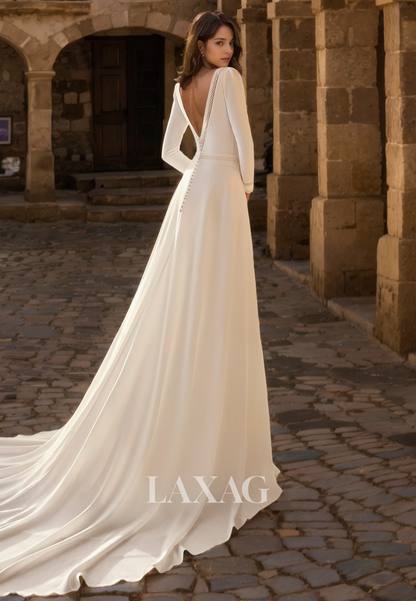 A-Line Long Sleeves Open Back Sleek Satin Elegant Wedding Dress with Train