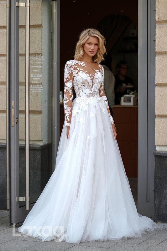 22379 - A-Line Long Sleeves Tulle Appliques illusion Wedding Dress