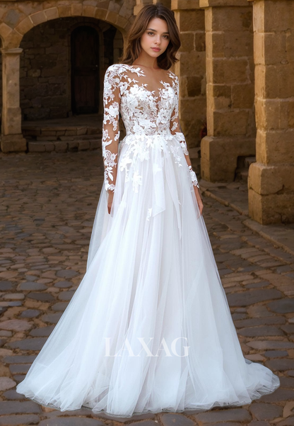 22379 - A-Line Long Sleeves Tulle Appliques illusion Wedding Dress