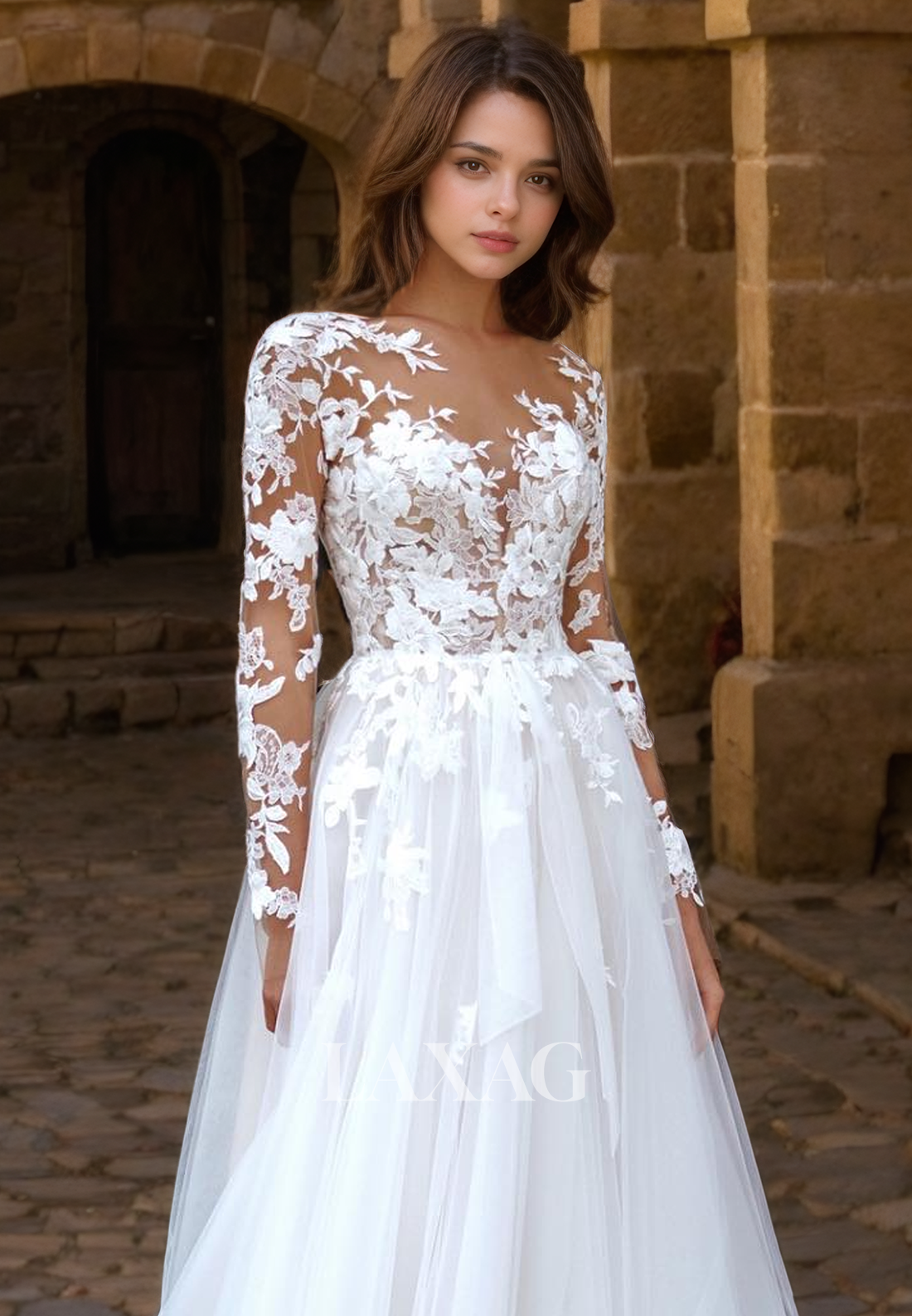 22379 - A-Line Long Sleeves Tulle Appliques illusion Wedding Dress