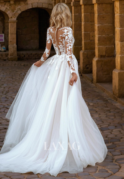 22379 - A-Line Long Sleeves Tulle Appliques illusion Wedding Dress