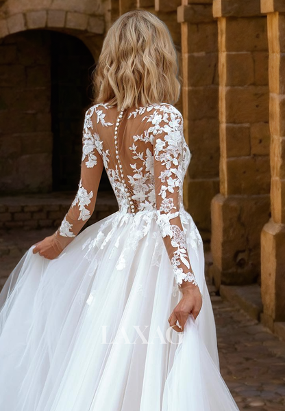 A-Line Long Sleeves Tulle Lace Elegant Wedding Dress with Train – Laxag