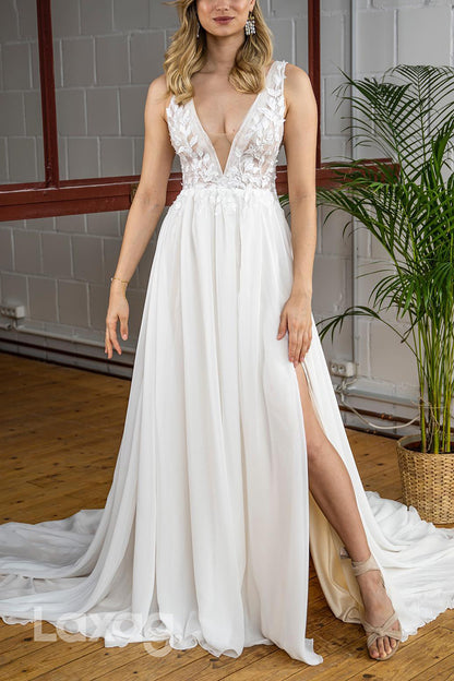 22714 - A-Line Low V-Neck Appliques Open Back Wedding Dress with Slit and Train