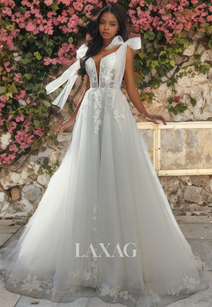 A-Line Low V-Neck Appliques Sequins Tulle Wedding Dress with Train