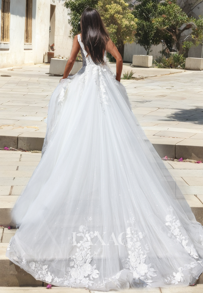 A-Line Low V-Neck Appliques Sequins Tulle Wedding Dress with Train