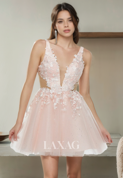 A-Line Low V-Neck Backless Appliques Tulle Sequins Party Homecoming Dress