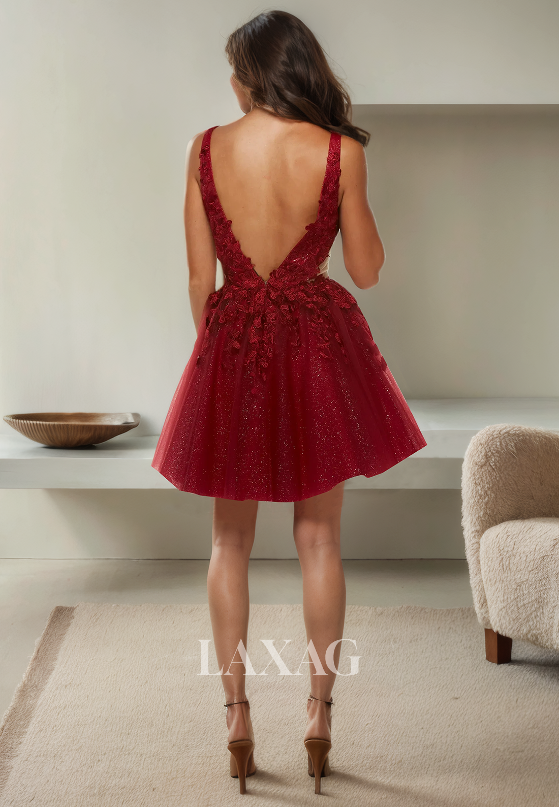 A-Line Low V-Neck Backless Appliques Tulle Sequins Party Homecoming Dress