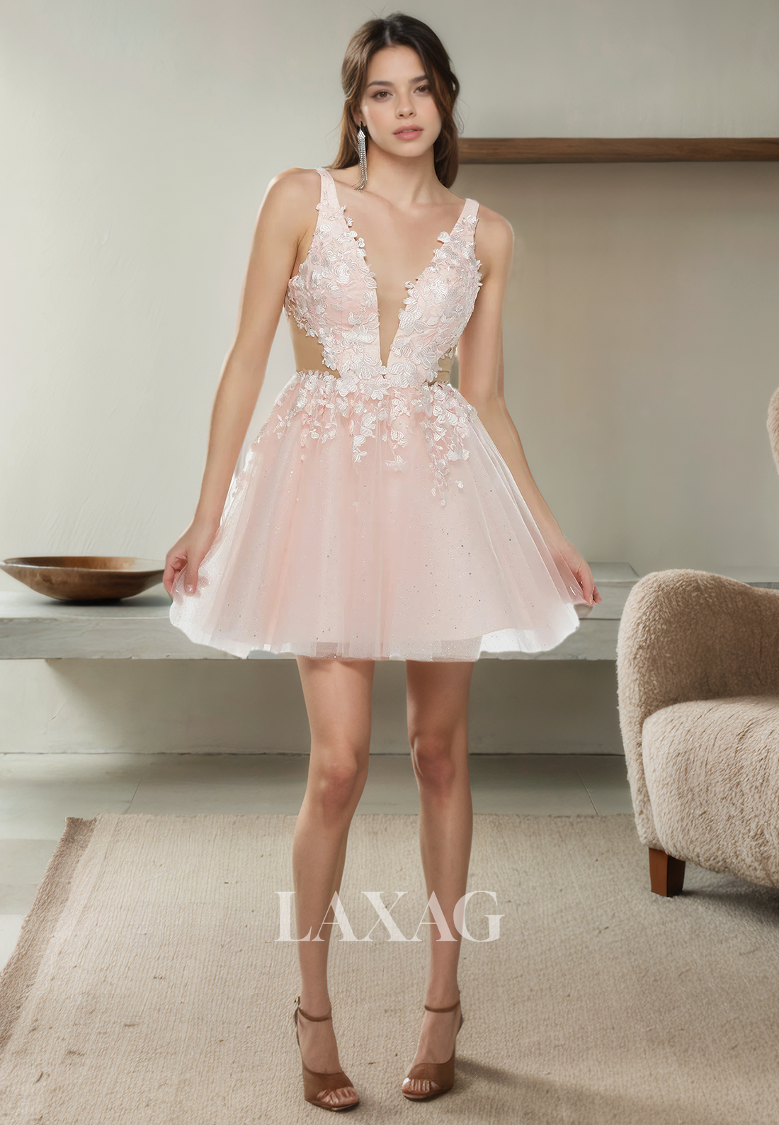 A-Line Low V-Neck Backless Appliques Tulle Sequins Party Homecoming Dress