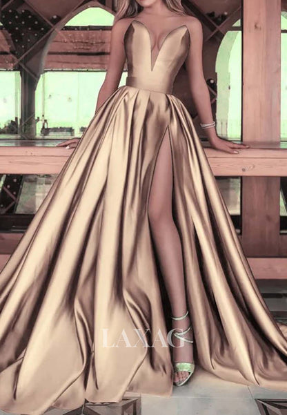 A-Line Deep V-Neck Satin High Slit Prom Dress Off-Shoulder Sleeveless Pleated Evening Gowns