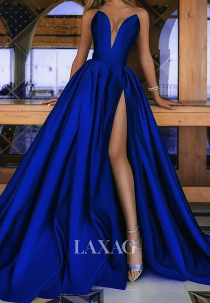 A-Line Deep V-Neck Satin High Slit Prom Dress Off-Shoulder Sleeveless Pleated Evening Gowns
