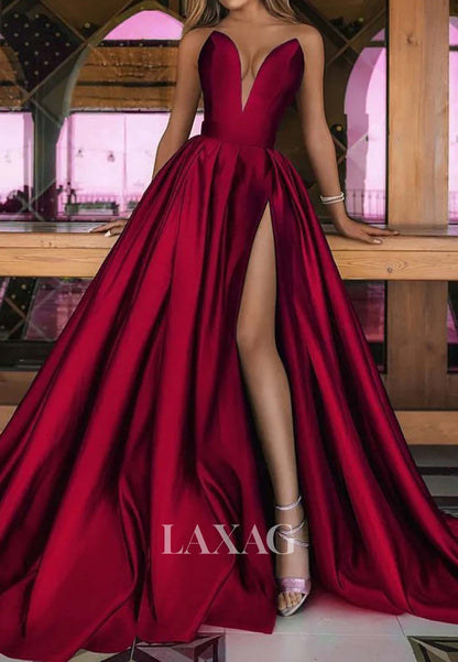 A-Line Deep V-Neck Satin High Slit Prom Dress Off-Shoulder Sleeveless Pleated Evening Gowns