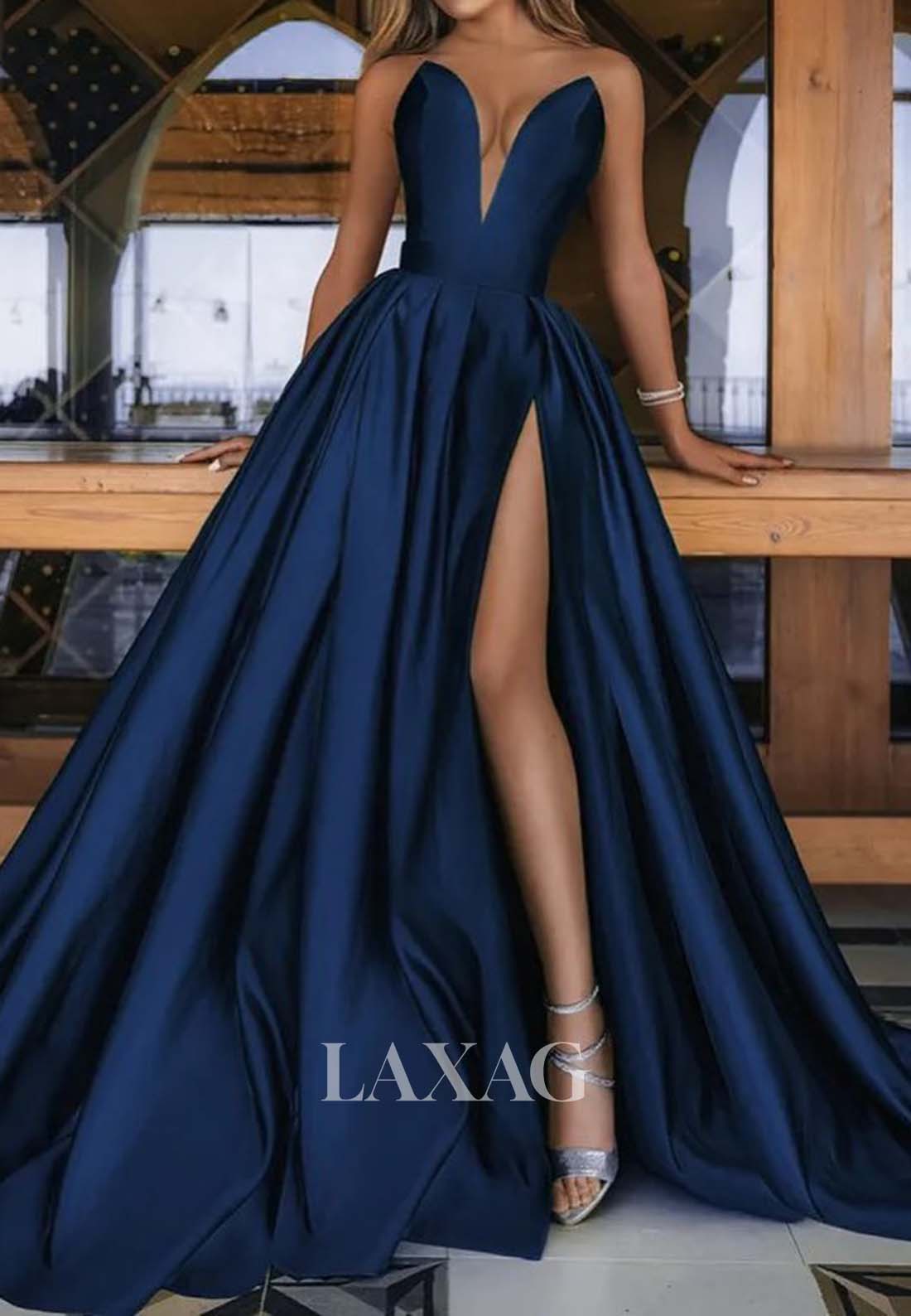 A-Line Deep V-Neck Satin High Slit Prom Dress Off-Shoulder Sleeveless Pleated Evening Gowns