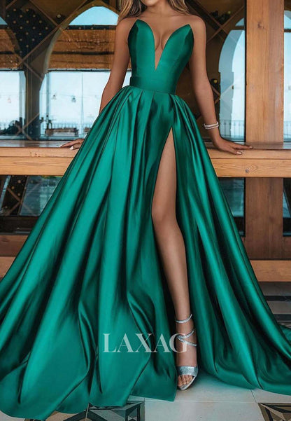 A-Line Deep V-Neck Satin High Slit Prom Dress Off-Shoulder Sleeveless Pleated Evening Gowns