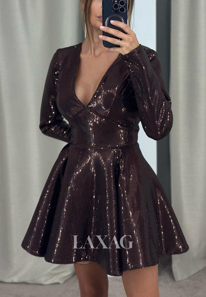 23132 - A-Line Low V-Neck Long Sleeves Fully Sequins Party Homecoming Dress