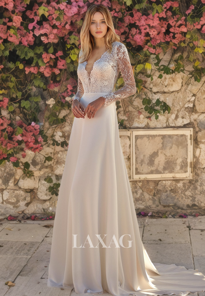 A-Line Low V-Neck Long Sleeves Lace Sleek Satin Wedding Dress with Train