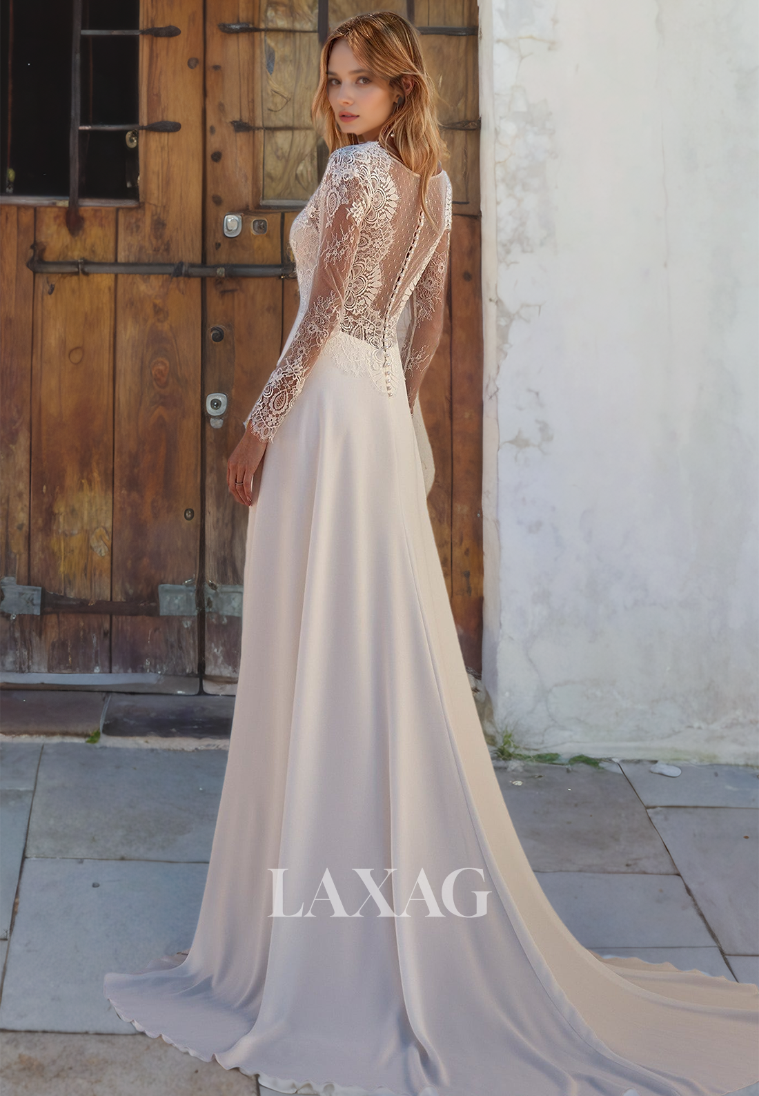 A-Line Low V-Neck Long Sleeves Lace Sleek Satin Wedding Dress with Train