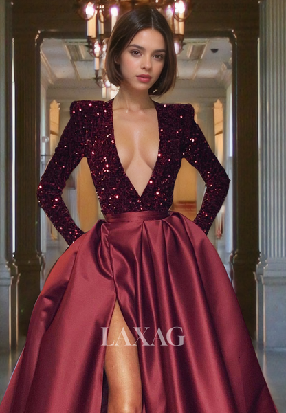 A-Line Low V-Neck Long Sleeves Sequins Sleek Satin High Slit Party Prom Formal Evening Dress