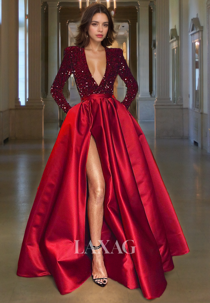 A-Line Low V-Neck Long Sleeves Sequins Sleek Satin High Slit Party Prom Formal Evening Dress