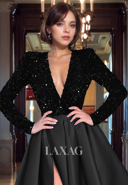 A-Line Low V-Neck Long Sleeves Sequins Sleek Satin High Slit Party Prom Formal Evening Dress