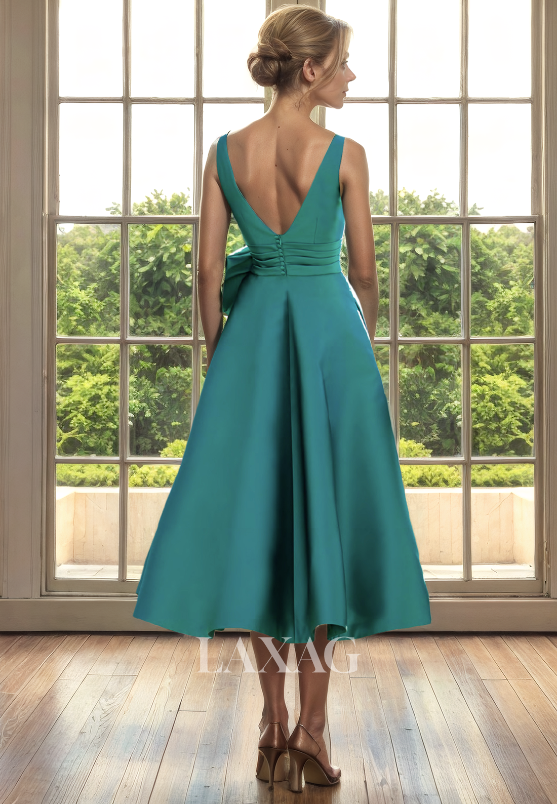 A-Line Low V-Neck Open Back Beaded Sleek Satin Mother of the Bride Dress