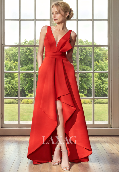 A-Line Low V-Neck Open Back High-Low Sleek Satin Mother of the Bride Dress