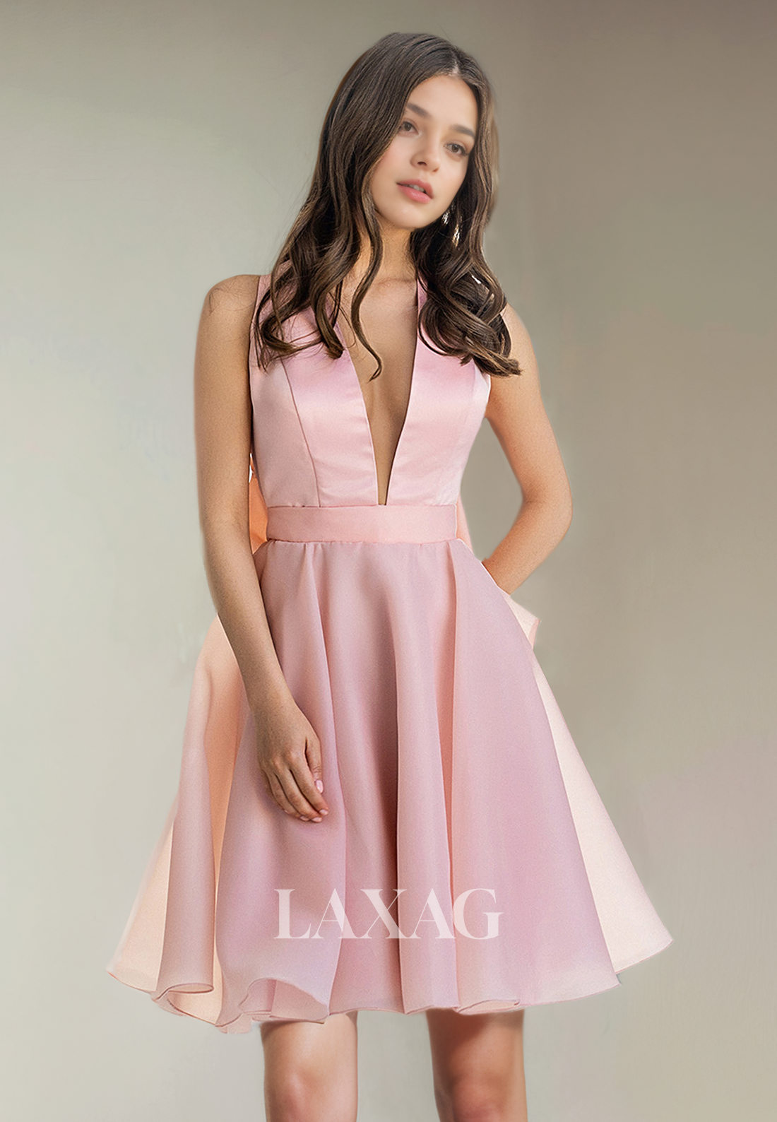 A-Line Low V-Neck Open Back Tulle Party Homecoming Dress with Bow Deta Laxag A-Line Low V-Neck Open Back Tulle Party Homecoming Dress with Bow Deta Laxag
