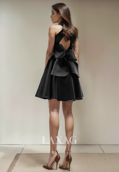 A-Line Low V-Neck Open Back Tulle Party Homecoming Dress with Bow Detail